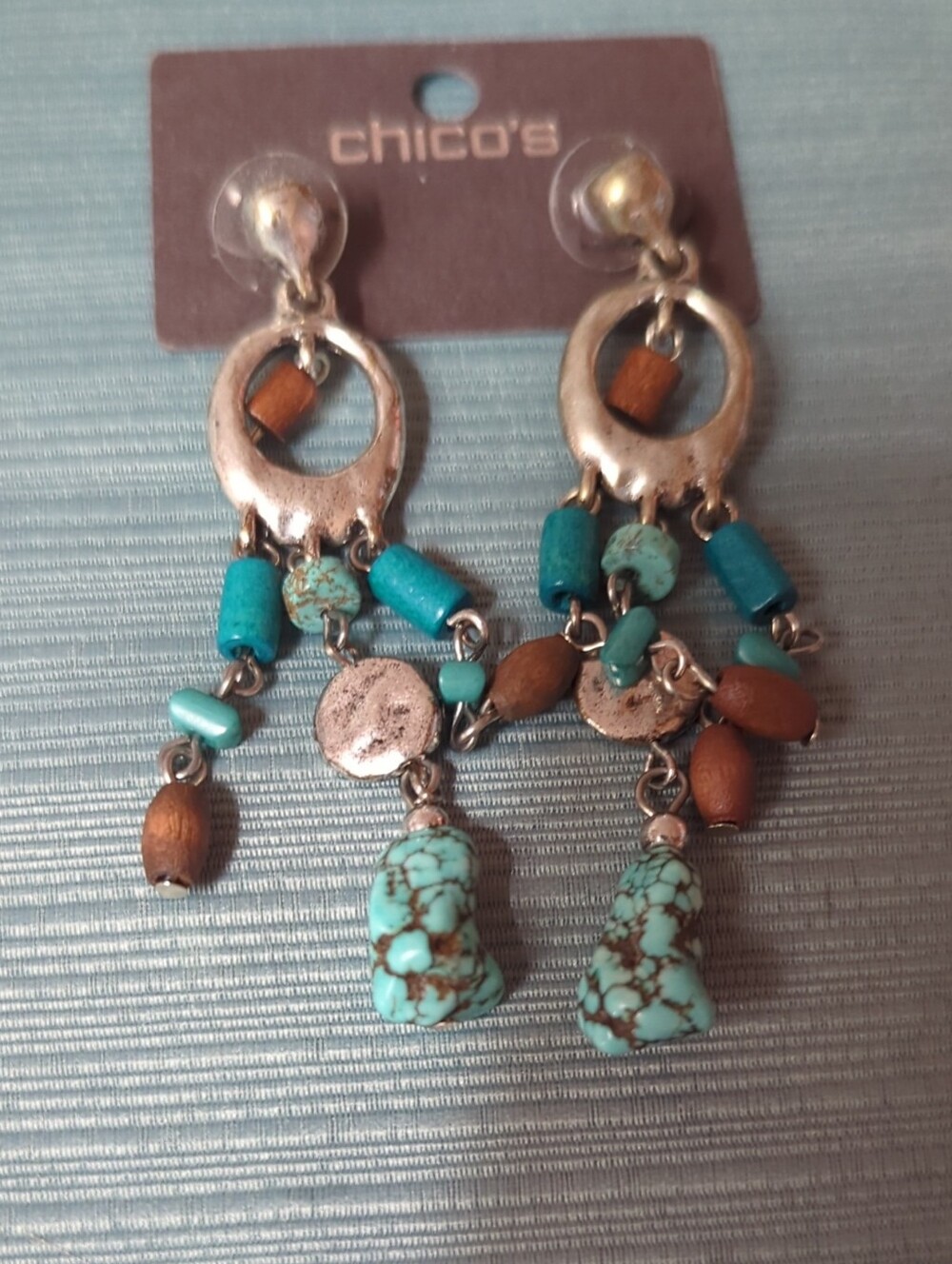 Chico's Turquoise & Wood Beaded Dangle Earrings
